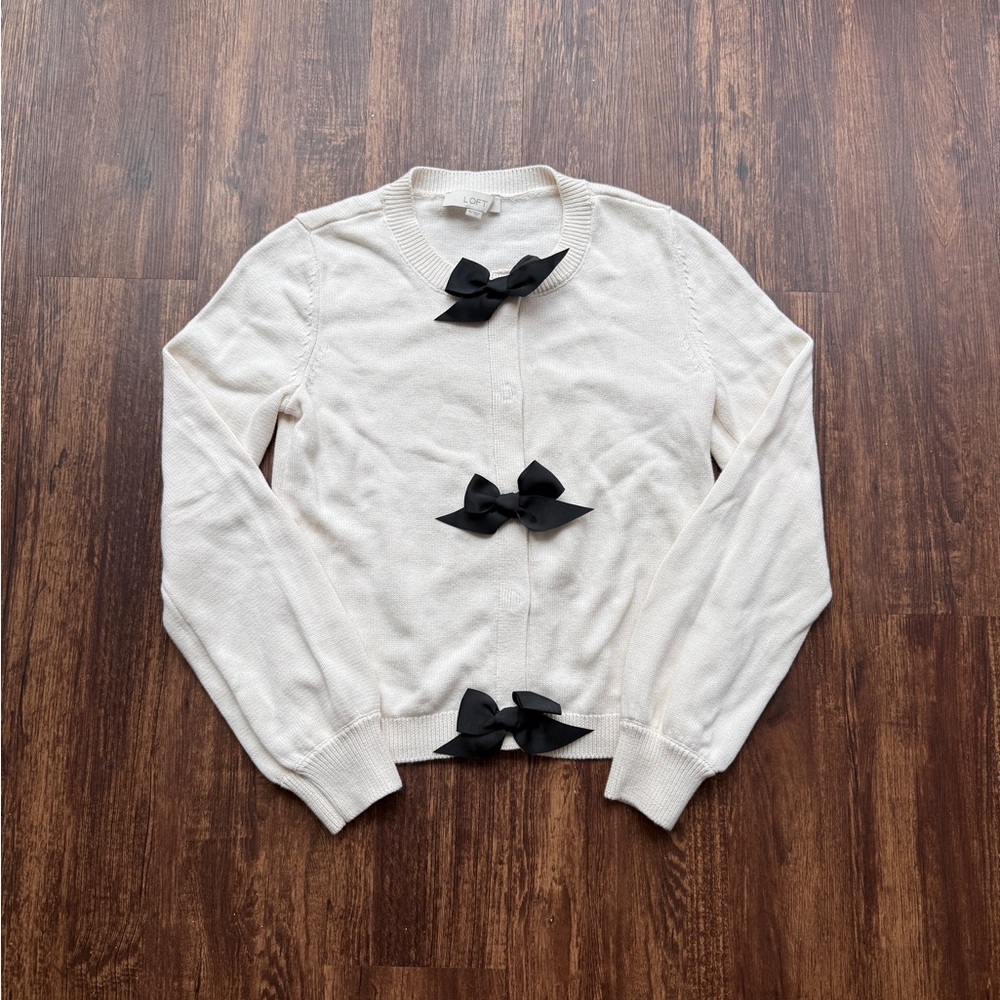 LOFT Women’s Ivory Cardigan Black Satin Bow Ribbon Coquette Crewneck Sweater- XS